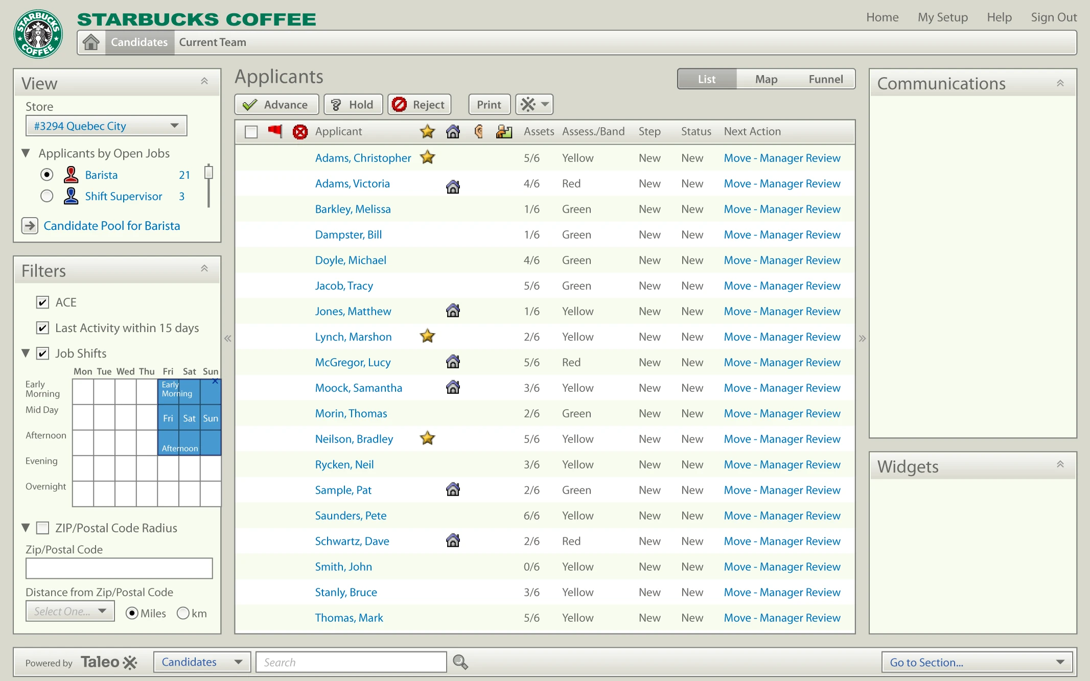 The same Starbucks Talent Console in List view: the same store rail and shift filters on the left, and in the centre an applicant table with assessment band, step, status and a Next Action column, above Advance, Hold, Reject and Print actions; a List / Map / Funnel toggle sits at the top right with List selected.