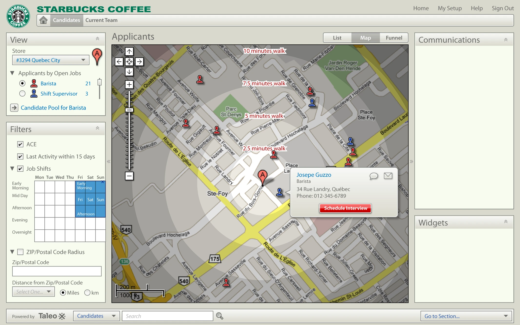 A Starbucks-branded Talent Console showing the Map view: a street map of Ste-Foy, Québec with applicant pins scattered around a store marker, concentric rings labelled 2.5, 5, 7.5 and 10 minutes walk, a left rail selecting store #3294 with Barista and Shift Supervisor counts, a Job Shifts availability grid of weekdays against Early Morning through Overnight, and an open pin callout giving an applicant’s name, address and a Schedule Interview button.
