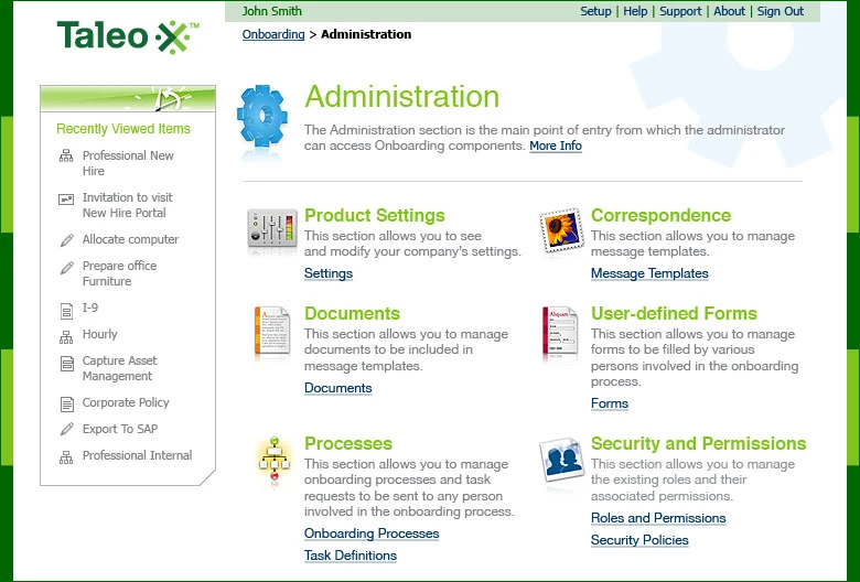 The shipped Taleo Onboarding WebTop Administration screen: a Recently Viewed Items rail on the left listing entries such as I-9, Allocate computer and Export To SAP, and a main area of six illustrated components — Product Settings, Correspondence, Documents, User-defined Forms, Processes, and Security and Permissions — each with a short description and its own links.