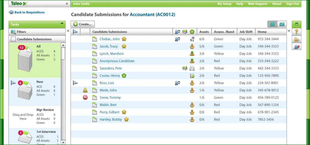 The shipped Taleo Recruiter Webtop showing Candidate Submissions for Accountant: a left rail holding Tasks, Filters and four phase stacks — All, New, Mgr Review and 1st Interview — each drawn as a pile of cards with its own counts, and a central table of candidate submissions with assets, assessment band, job shift and home phone columns.
