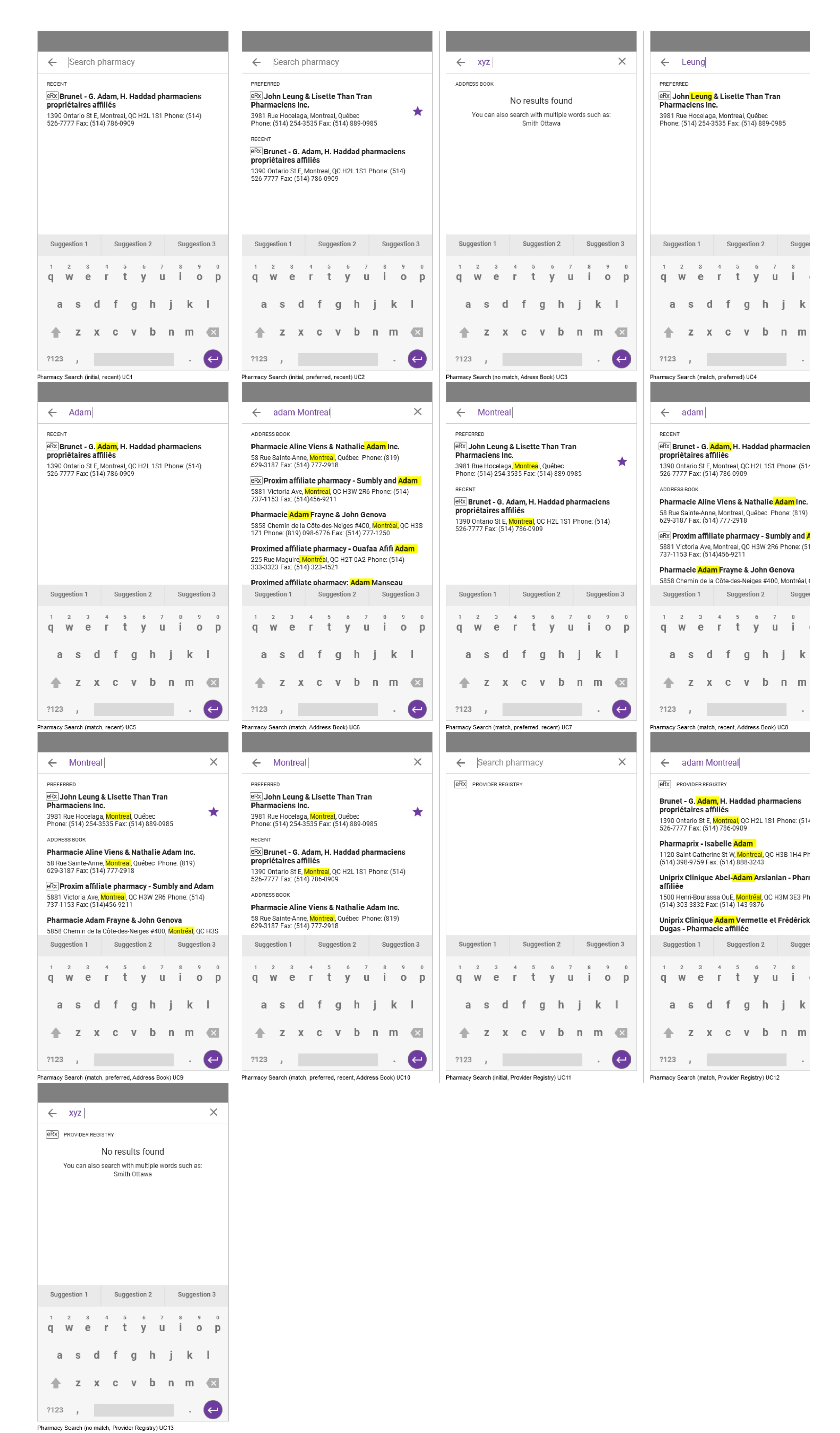 A grid of thirteen pharmacy-search result-list states.