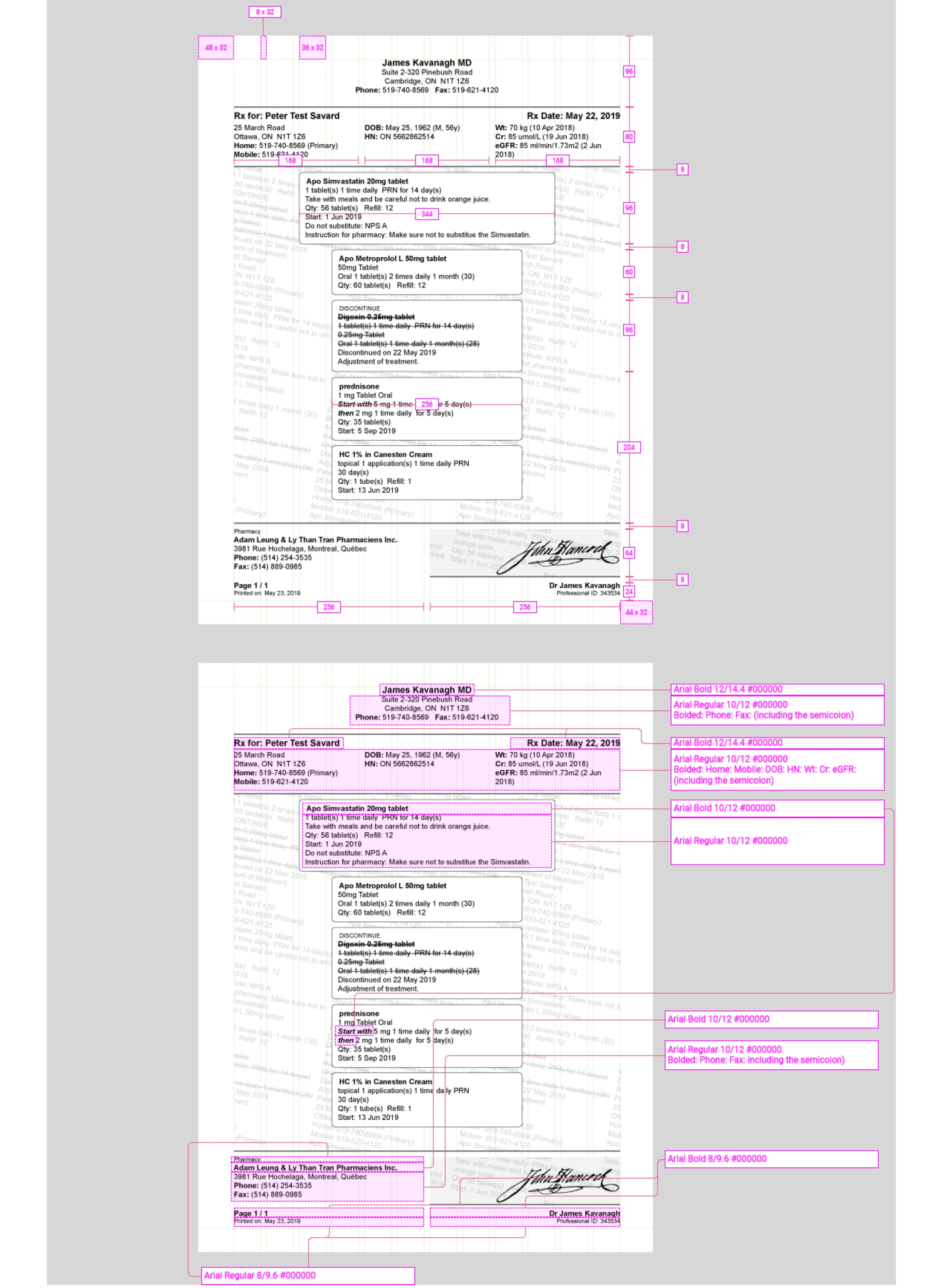 A printed-prescription template marked up with redlines and bilingual rules.