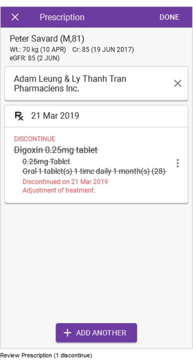 A prescription review with the discontinued medication struck through and its reason in red.