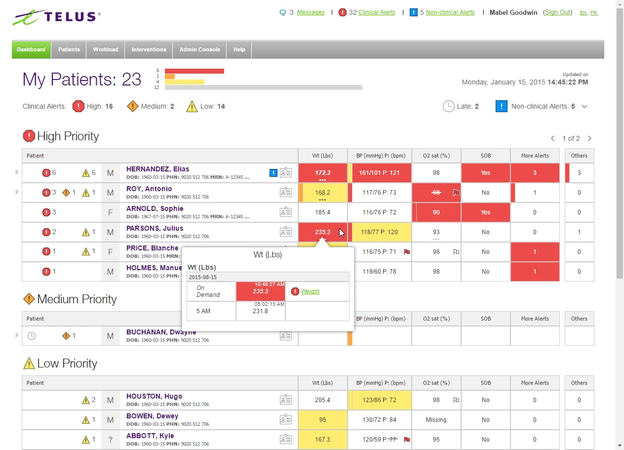 A patient row’s vital popover showing an on-demand reading flagged in red beside earlier values.
