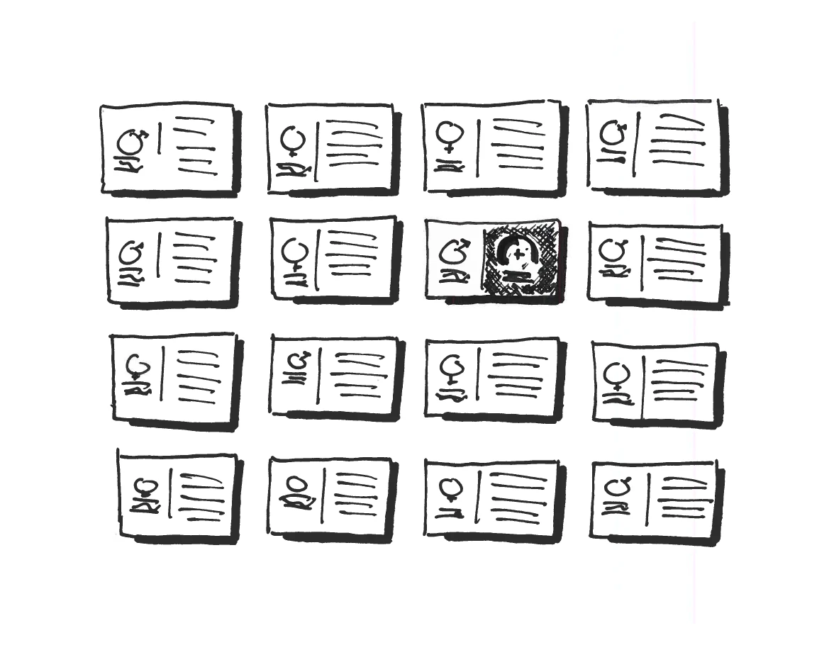 A hand-drawn grid of sixteen patient cards, one card filled in solid to show the selected state.