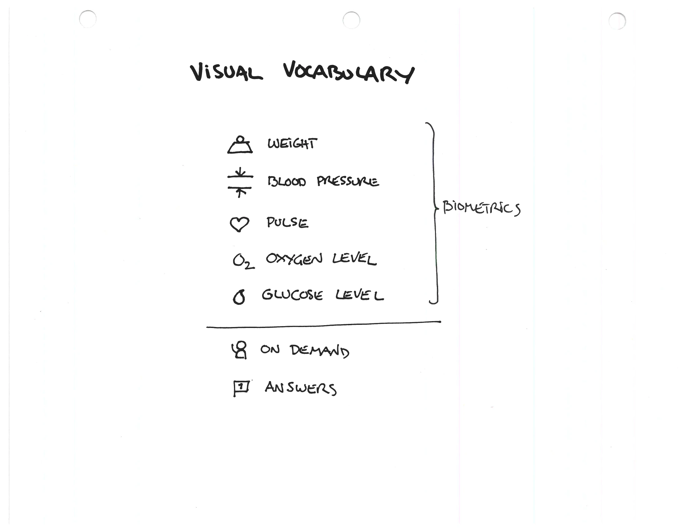 A hand-drawn “Visual Vocabulary” page with icons for weight, blood pressure, pulse, oxygen level, and glucose level grouped as biometrics.